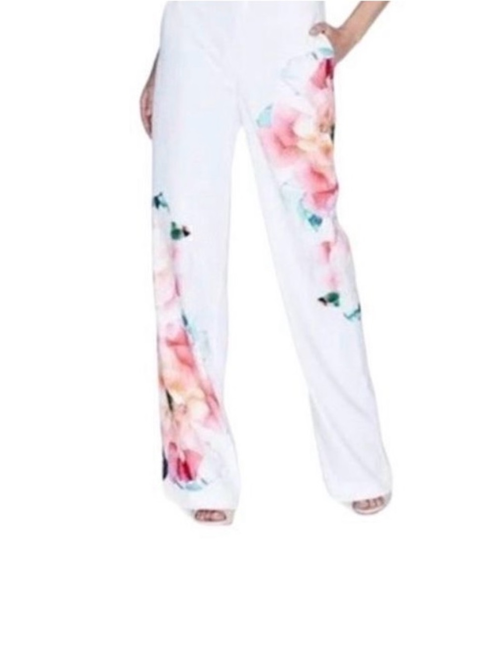 Marciano White Wide-Leg Pants with Pink Floral Print